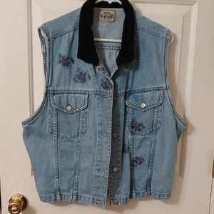 Denim Velvet Vest with Floral Accents